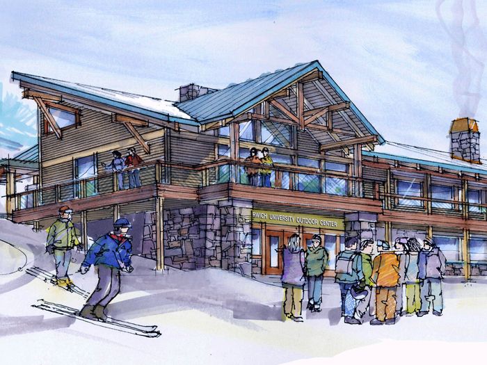 Sketch of rustic, wood gabled ski lodge