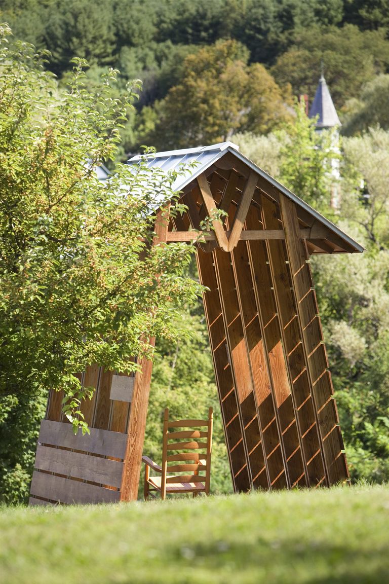 An open, natural wood, bridge-like structure