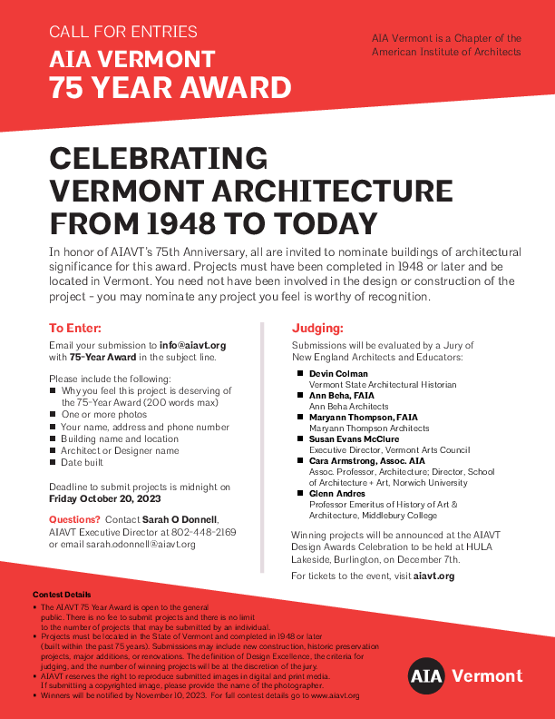 Call for Entries AIAVT 75 Year Awards