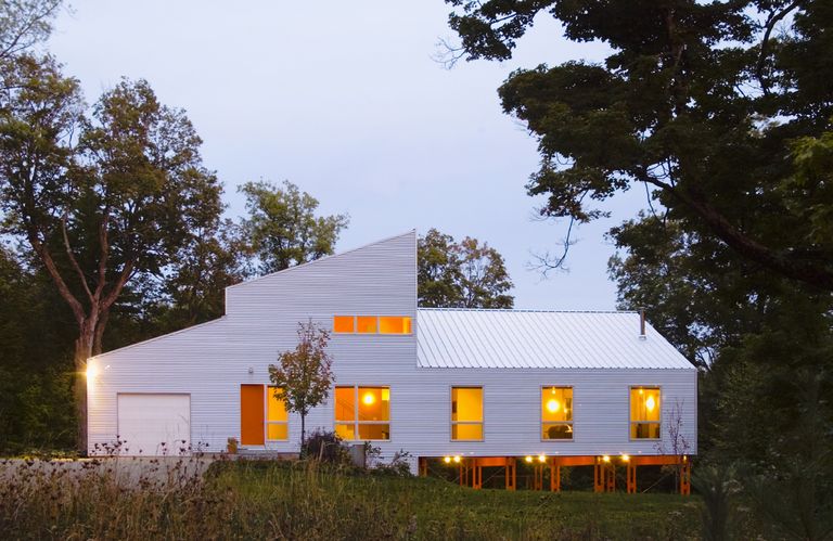 Contemporary building, with shiny metal corrugated siding